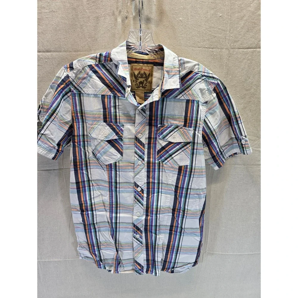 Red Camel Mens‎ Short Sleeve Plaid Button Down Shirt Multi-Color Cotton Size M